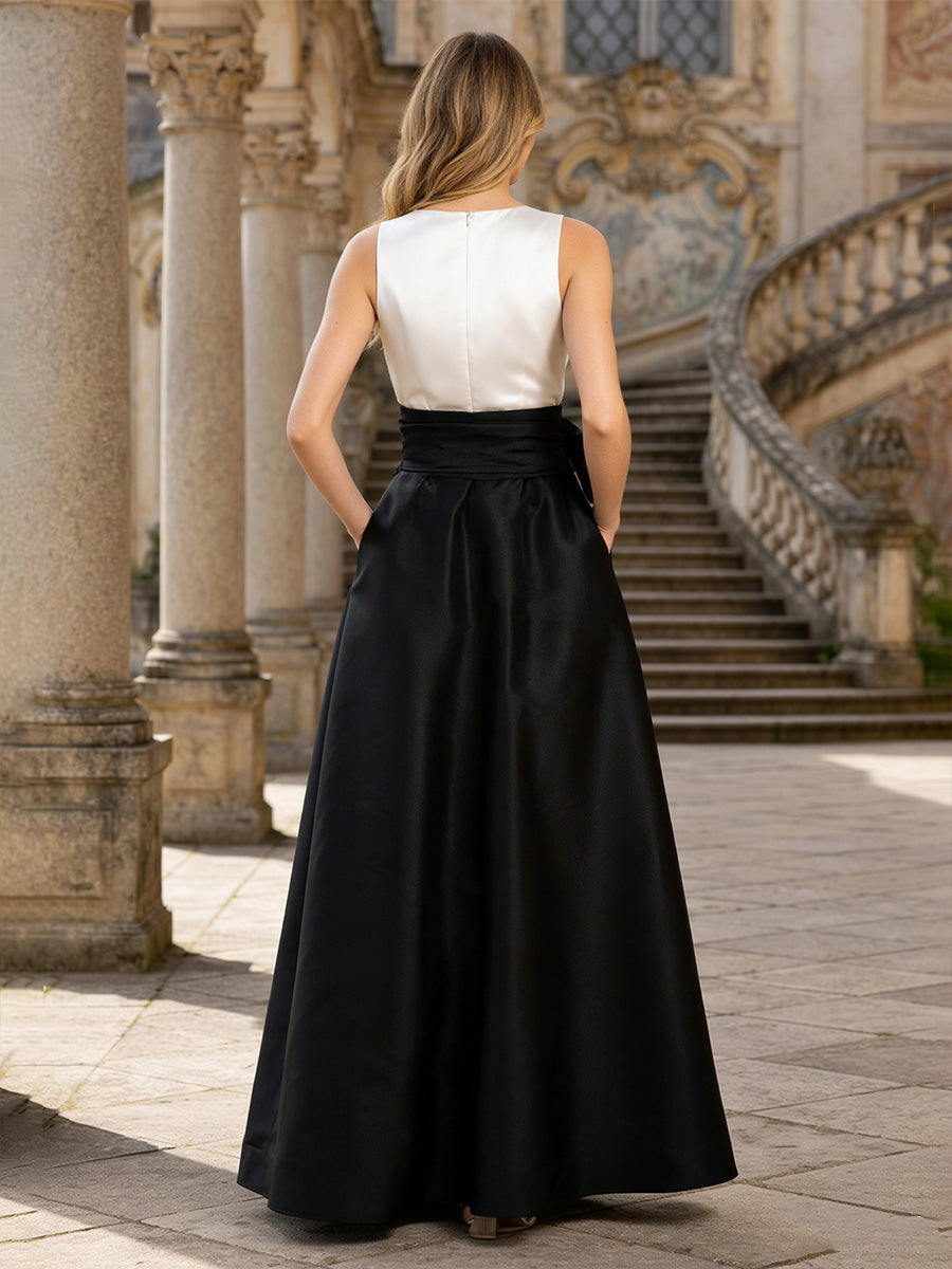 Satin A-Line V Neck Bow Formal Dresses with Pocket