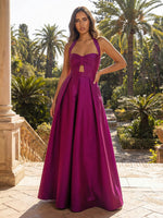 Satin A-Line Halter Pleated Formal Dresses