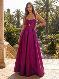 Satin A-Line Halter Pleated Formal Dresses