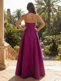 Satin A-Line Halter Pleated Formal Dresses