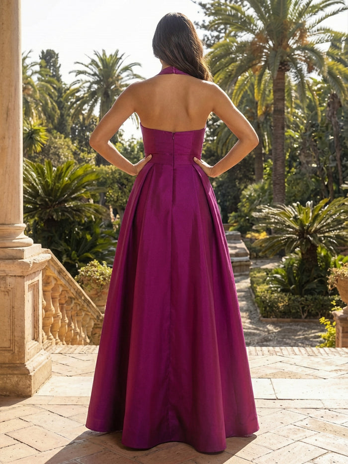 Satin A-Line Halter Pleated Formal Dresses