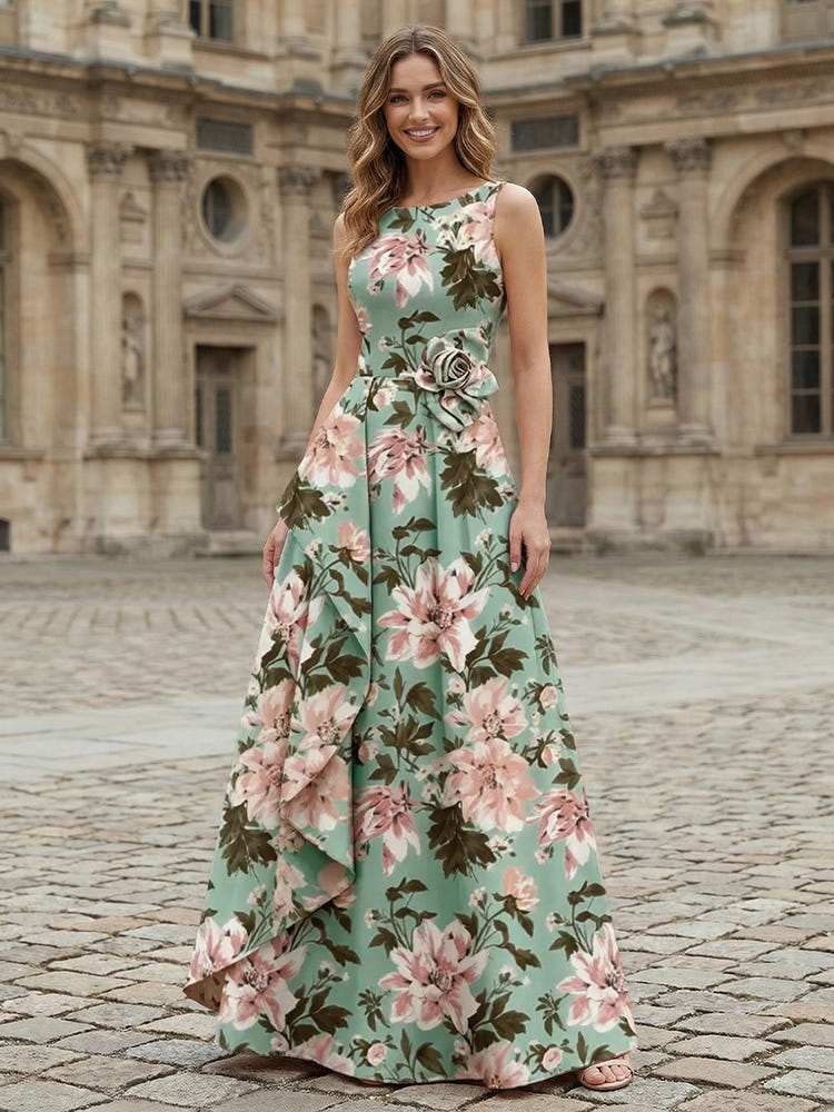 Satin A-Line Crew Neck Floral Print Formal Dresses