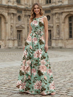 Satin A-Line Crew Neck Floral Print Formal Dresses