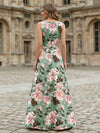 Satin A-Line Crew Neck Floral Print Formal Dresses