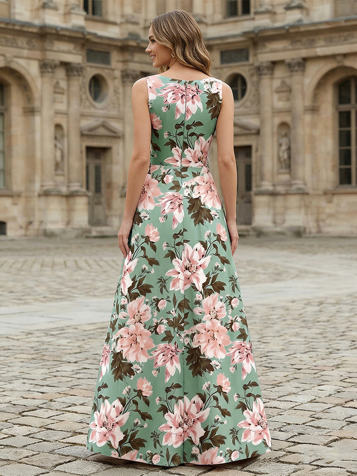 Satin A-Line Crew Neck Floral Print Formal Dresses