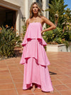 Satin A-Line Spaghetti Straps Tiered Formal Dresses