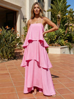 Satin A-Line Spaghetti Straps Tiered Formal Dresses