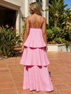 Satin A-Line Spaghetti Straps Tiered Formal Dresses