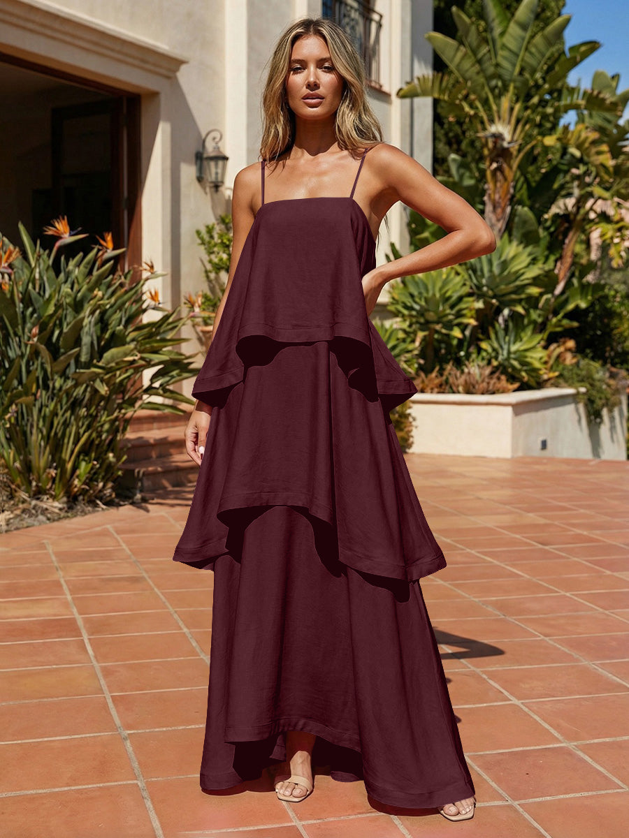 Satin A-Line Spaghetti Straps Tiered Formal Dresses