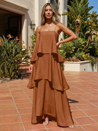 Satin A-Line Spaghetti Straps Tiered Formal Dresses
