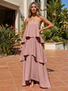 Satin A-Line Spaghetti Straps Tiered Formal Dresses