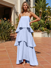 Satin A-Line Spaghetti Straps Tiered Formal Dresses