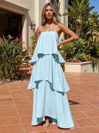 Satin A-Line Spaghetti Straps Tiered Formal Dresses