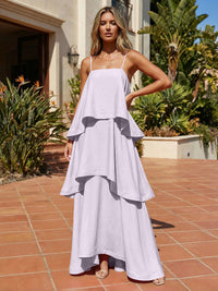 Satin A-Line Spaghetti Straps Tiered Formal Dresses