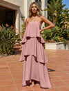 Satin A-Line Spaghetti Straps Tiered Formal Dresses
