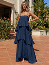 Satin A-Line Spaghetti Straps Tiered Formal Dresses
