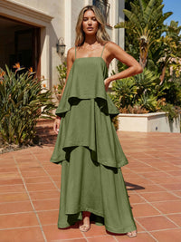 Satin A-Line Spaghetti Straps Tiered Formal Dresses