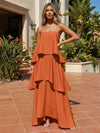 Satin A-Line Spaghetti Straps Tiered Formal Dresses