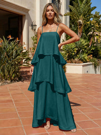 Satin A-Line Spaghetti Straps Tiered Formal Dresses