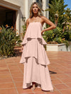 Satin A-Line Spaghetti Straps Tiered Formal Dresses