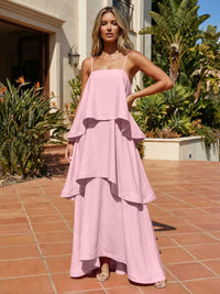 Satin A-Line Spaghetti Straps Tiered Formal Dresses