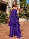 Satin A-Line Spaghetti Straps Tiered Formal Dresses