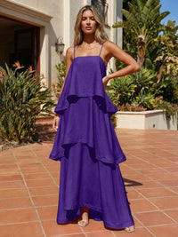 Satin A-Line Spaghetti Straps Tiered Formal Dresses