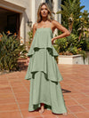 Satin A-Line Spaghetti Straps Tiered Formal Dresses
