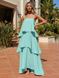 Satin A-Line Spaghetti Straps Tiered Formal Dresses