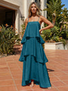 Satin A-Line Spaghetti Straps Tiered Formal Dresses