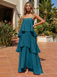 Satin A-Line Spaghetti Straps Tiered Formal Dresses