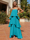 Satin A-Line Spaghetti Straps Tiered Formal Dresses