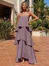 Satin A-Line Spaghetti Straps Tiered Formal Dresses