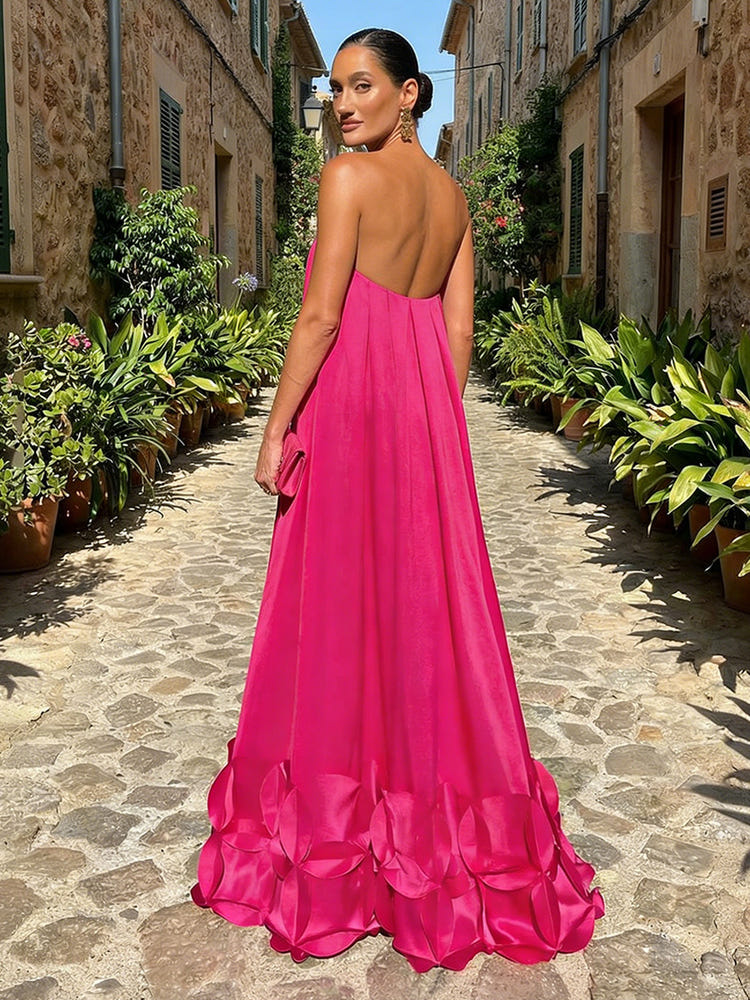 2026 Formal Evening Dresses Hot Pink Satin A-Line V-Neck 3D Petal Hem Floor-Length Ruffles Elegant Wedding Guest Dresses Ball Gowns