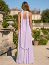 Chiffon A-Line Strapless 3D Flowers Neck Wedding Guest Dresses with Scarf