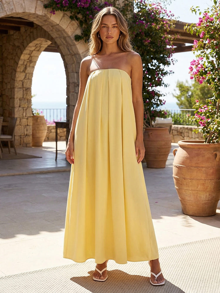 Gracins Champagne Jersey A-Line Strapless Pleated Formal Tent/ Trapeze /Tube Dresses 2026