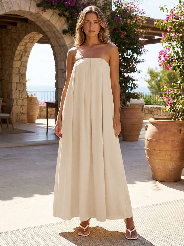 Gracins Champagne Jersey A-Line Strapless Pleated Formal Tent/ Trapeze /Tube Dresses 2026