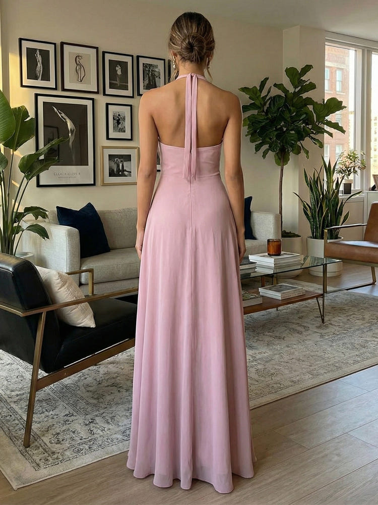 Chiffon A-Line Halter 3D Flowers Wedding Guest Dresses