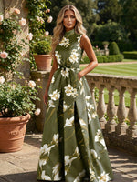 Satin A-Line High Neck Floral Print Formal Dresses