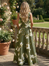 Satin A-Line High Neck Floral Print Formal Dresses