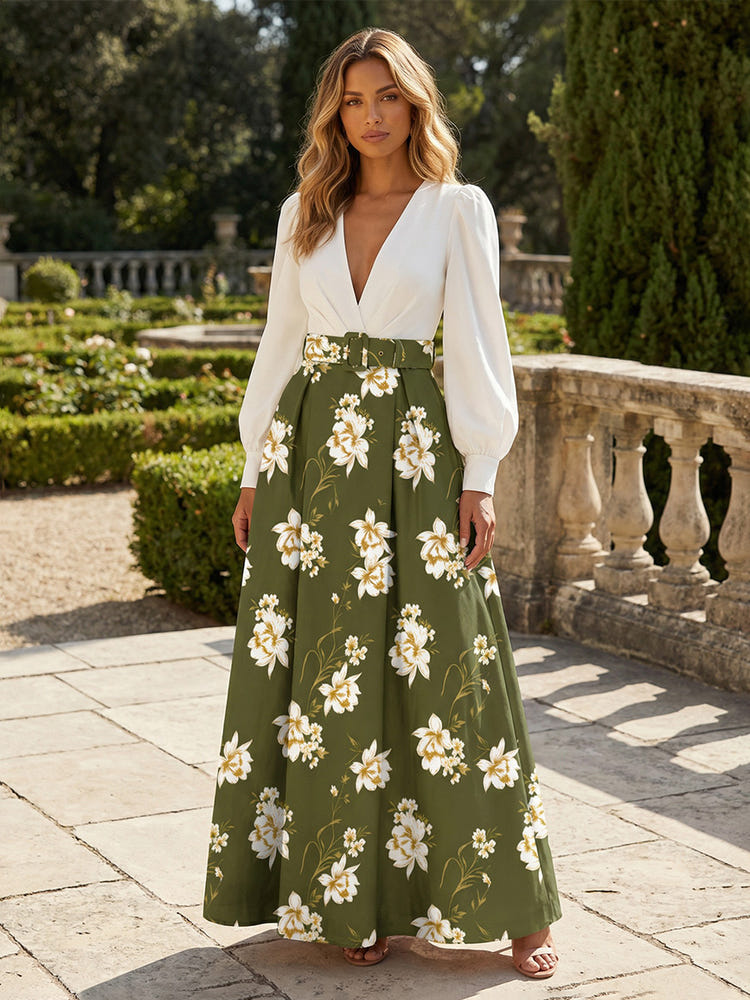Satin A-Line V Neck Floral Print Formal Dresses