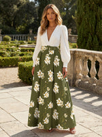 Satin A-Line V Neck Floral Print Formal Dresses