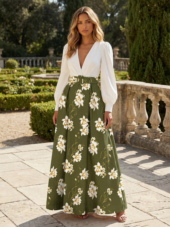 Satin A-Line V Neck Floral Print Formal Dresses