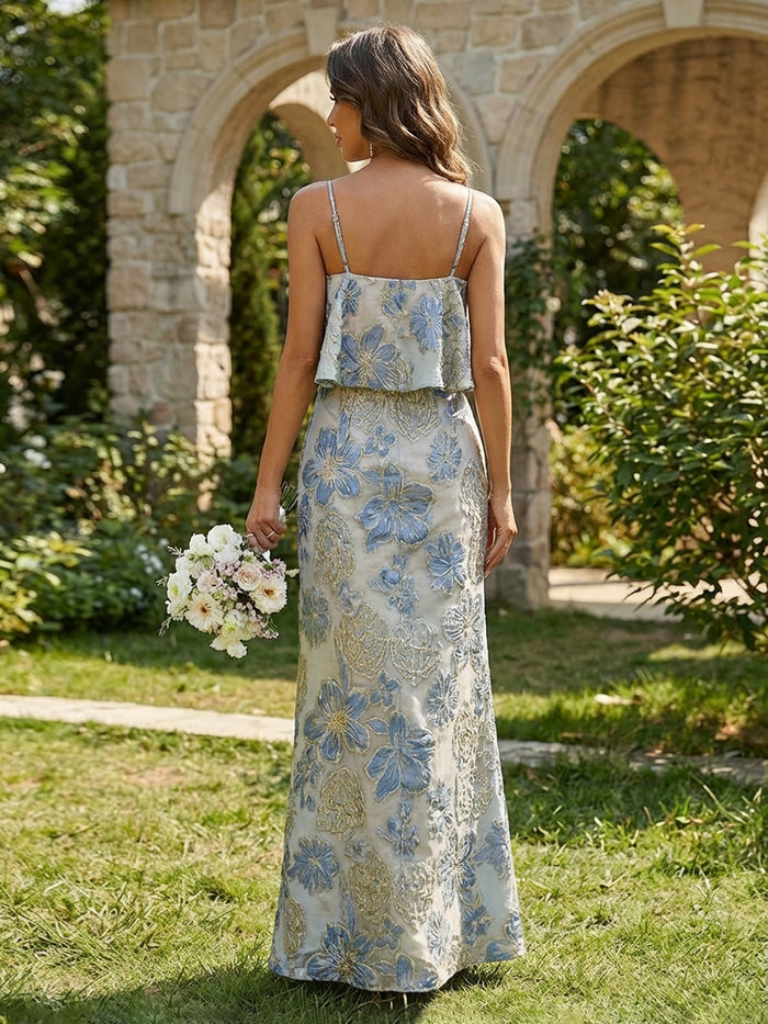 Jacquard Sheath Spaghetti Straps Ruffles Formal Dresses