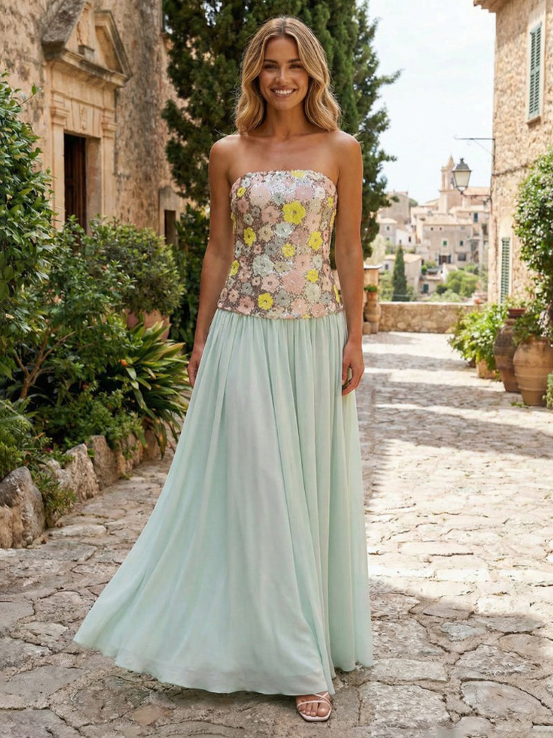 Mint Green Formal Evening Party Gowns 2026 for Women Elegant Strapless Floral Sequin Color Block Pleated Chiffon A Line Maxi Wedding Guest Dress