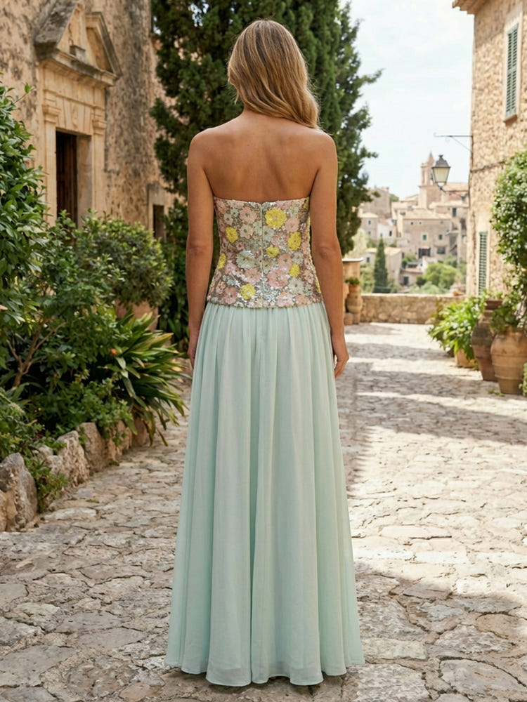 Chiffon A-Line Strapless Sequin Embroidery Formal Dresses