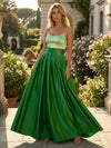 Satin A-Line Spaghetti Straps Pleated Formal Dresses
