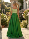 Satin A-Line Spaghetti Straps Pleated Formal Dresses