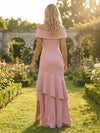 Jersey High Low Off the Shoulder Tiered Mother of the Bride Dresses