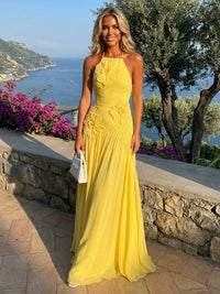 Chiffon A-Line Halter Pleated Formal Dresses with 3D Flowers
